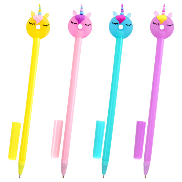 Ручка с топпером шариковая ЮНЛАНДИЯ "Единорог-пончик", корпус ассорти, СИНЯЯ, 0,7мм, КОМПЛЕКТ 12шт 143803