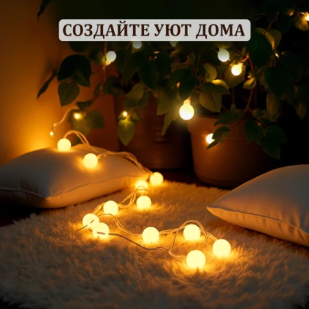 Электрогирлянда-нить комнатная "Шарики", 6 м, 40 LED, теплый белый, на батарейках, ЗОЛОТАЯ СКАЗКА, 591730 - МСК «Форвард»