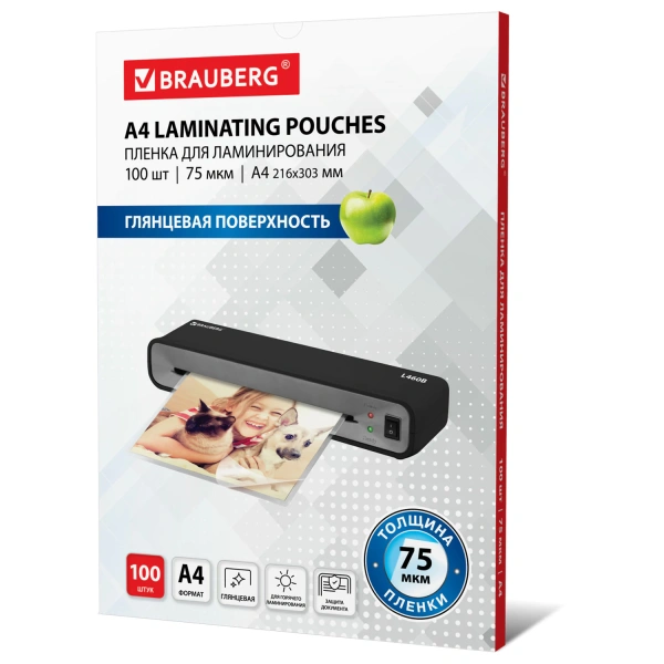 Пленки-заготовки д/ламинирования А4, КОМПЛЕКТ 100шт, 75 мкм, BRAUBERG, 530800