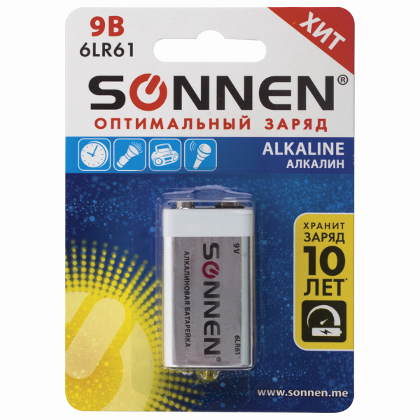 Батарейка SONNEN Alkaline, Крона (6LR61, 6LF22, 1604A), алкалиновая, 1 шт, блистер, 451092