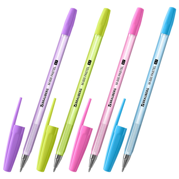 Ручка шариковая BRAUBERG "M-500 PASTEL", СИНЯЯ, корпус ассорти, узел 0,7мм, линия 0,35мм, 143450