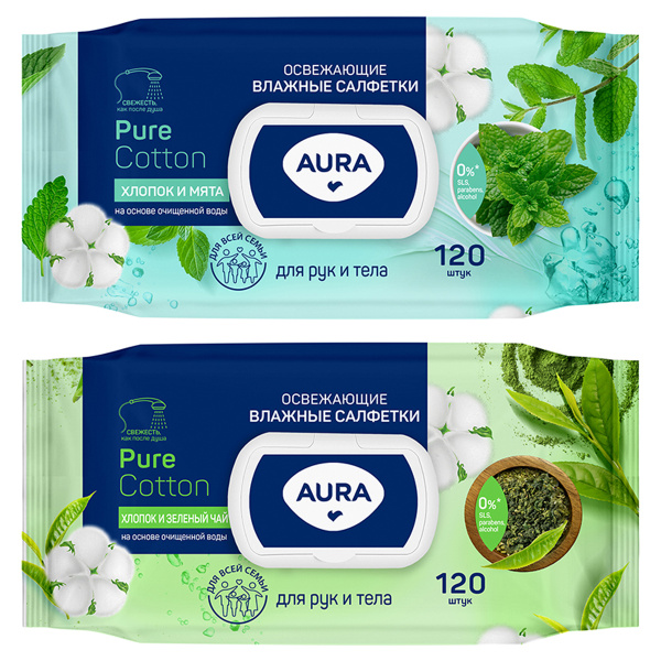 Салфетки влажные 120 шт., AURA освежающие, с пластиковым клапаном, 12827 363914 ЧЕСТНЫЙ ЗНАК