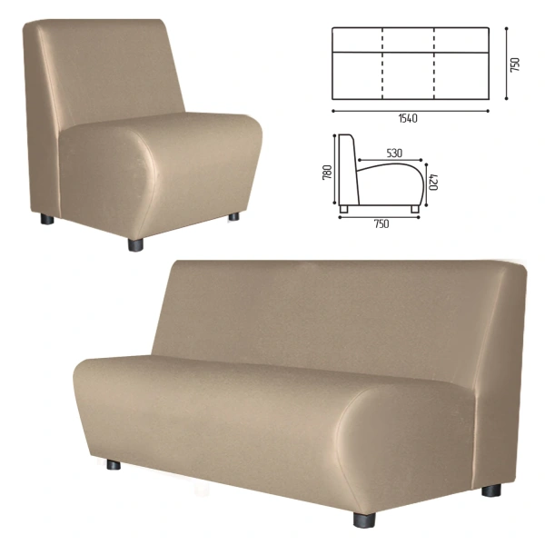 Диван мягкий трехместный "Клауд", V-600 (ш1540*г750*в780мм), без подлокотников, экокожа, бежевый  531547