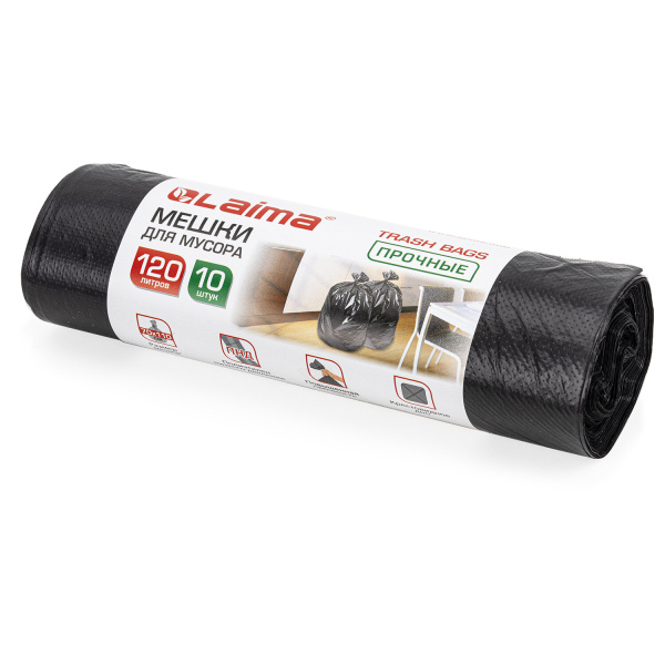 Мешки для мусора 120л черные в рулоне 10шт прочные, ПНД 18 мкм, 70х110см, LAIMA, 601386