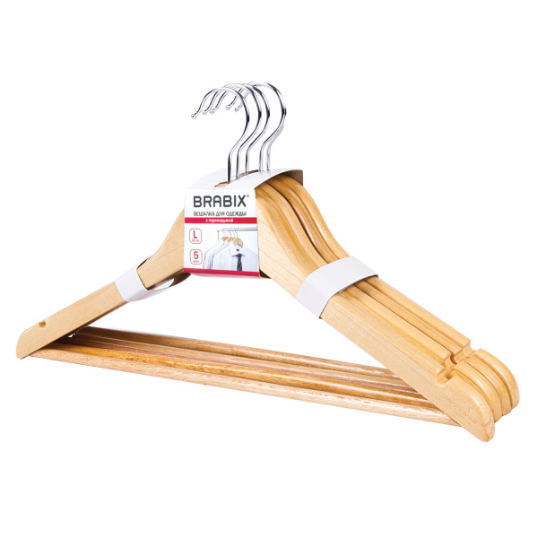 Вешалки-плечики р.48-50, КОМПЛЕКТ 5шт, деревянная, перекладина, цвет сосна, BRABIX Стандарт, 601159