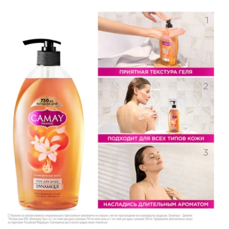 Гель для душа 750 мл, CAMAY "Розовый грейпфрут", для всех типов кожи, дозатор 609828 - МСК «Форвард»