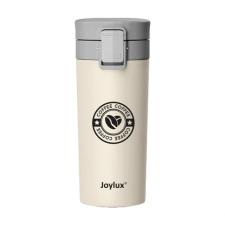 Термокружка 380 мл JOYLUX (ДЖОЙЛЮКС) CLASSIC COFFEE, нержавеющая сталь SUS304, бежевый с принтом, 700273 - МСК «Форвард»