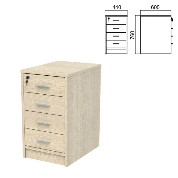 Тумба приставная "Арго", 440х600х760 мм, 4 ящика, замок, ясень шимо (КОМПЛЕКТ) 981548