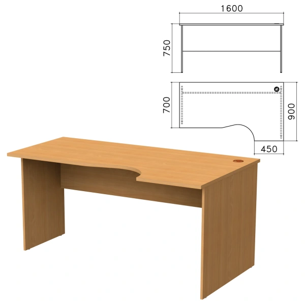 Стол письменный эргономичный "Монолит" (ш1600*г900*в750 мм), правый, цвет бук, СМ6.1 640104