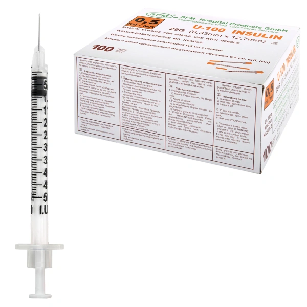 Шприц инсулиновый SFM, 0,5 мл. КОМПЛЕКТ 10 шт. пакет, U-100 игла несъемная 0,33х12,7 - 29G, 630470