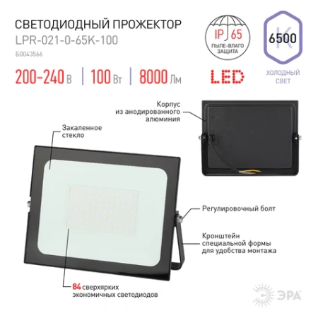 Прожектор светодиодный ЭРА, 100 (830) Вт, 6500 К, 8000 Лм, IP65, черный, LPR-023-0-65K-100, Б0052026 238229 - МСК «Форвард»