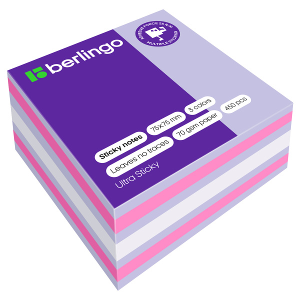Блок самоклеящийся (стикер) Berlingo "Ultra Sticky", 75*75мм, 450л., 3 цвета LSn_40201 270291 - МСК «Форвард»
