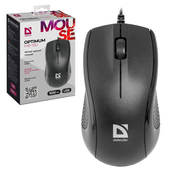 Мышь проводная DEFENDER Optimum MB-160, USB, 2 кнопки+1 колесо-кнопка, оптическая, черная, 52160 512027