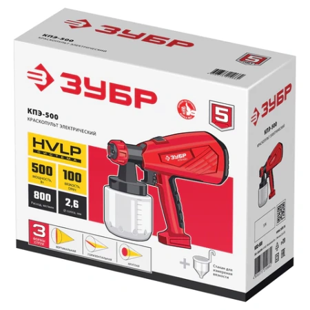Краскопульт сетевой, 500 Вт, 0,8 л, краскоперенос 800 мл/мин, сопло 2,6 мм, ЗУБР КПЭ-500 671101 - МСК «Форвард»
