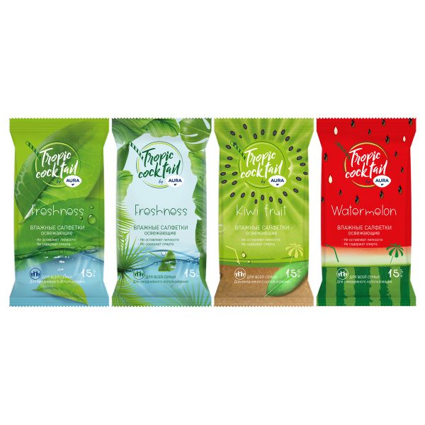 Салфетки влажные 15шт Aura "Tropic coctail", освежающие, ассорти 4600999007569 2309603 - МСК «Форвард»