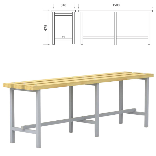 Скамья деревянная на металлокаркасе П-13Д(1500) (ш1500*г340*в475мм), П-13Д(1500) 531006