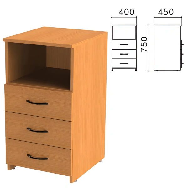 Тумба приставная "Фея" (ш400*г450*в750 мм), 3 ящика, полка, цвет орех милан, ТФ10.5 640020