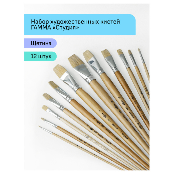 Набор художественных кистей щетина Гамма "Студия", 12шт., плоские №1, 2, 3, 4, 5, 6, 7, 8, 9, 10, 11, 12 11001012 356571 - МСК «Форвард»