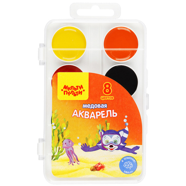 Акварель Мульти-Пульти "Енот в Красном море", медовая, 08 цветов, без кисти, пластик, европодвес АП_10703 240038 - МСК «Форвард»