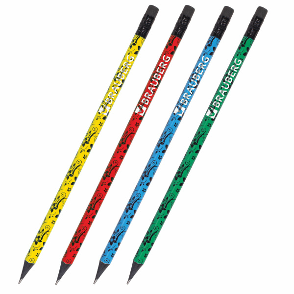 Карандаш чернографитный BRAUBERG, 1 шт., "Fuete", НВ, c ластиком, черн.дер., корпус ассорти, 180634