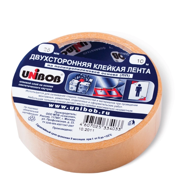 Клейкая двухсторонняя лента 25мм х 10м, ПОЛИПРОПИЛЕНОВАЯ ОСНОВА, UNIBOB 38915 600852
