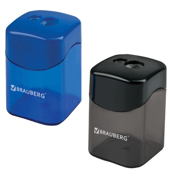 Точилка BRAUBERG "Win", с большим контейн., прямоугольн, 2 отверстия, дисплей,ассорти чер/син,222495