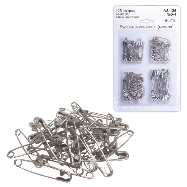 Булавки английские BLITZ, НАБОР 125шт., размер  0-4, никелированные, блистер, AS-125 224536