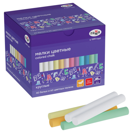 Мелки школьные Гамма, цветные, 100шт. (40шт. белых и 60шт. цветных), мягкие, круглые, картонная коробка 60825_6040 385995 - МСК «Форвард»