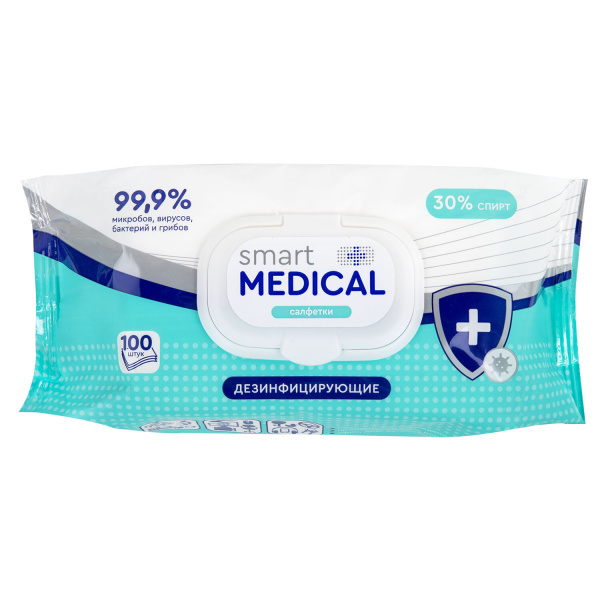 Дезинфицирующие салфетки спиртовые 100 штук SMART MEDICAL, крышка-клапан, 72029 630753 ЧЕСТНЫЙ ЗНАК!