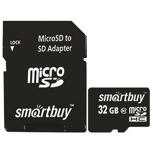 Карта памяти microSDHC 32GB SMARTBUY, 10 Мб/сек (class 10), с адаптером, SB32GBSDCL10-01 512806