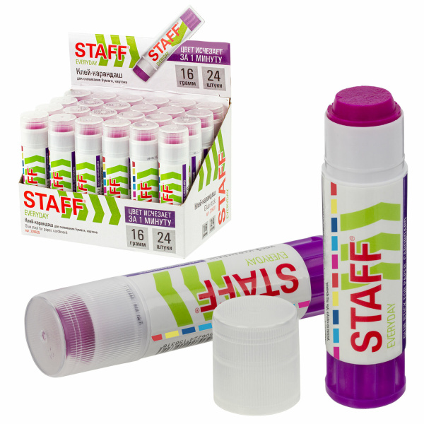 Клей-карандаш STAFF EVERYDAY 16 г, обесцвечивающийся после высыхания, 226620
