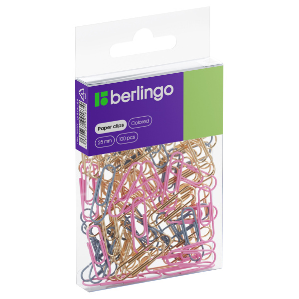 Скрепки 28мм, Berlingo, 100шт., цветные, ПВХ упак., европодвес, розовый+золотой DBs_28100f  330190 - МСК «Форвард»