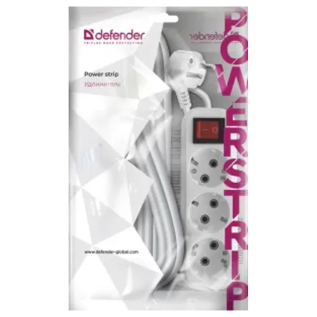 Удлинитель Defender L330 3 розетки, с заземлением, выключатель, 10м, белый 99357 393911 - МСК «Форвард»