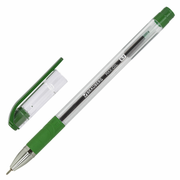 Ручка шариковая масляная с грипом BRAUBERG Max-Oil, ЗЕЛЕНАЯ, игольч.узел 0,7мм, линия 0,35мм, 142144