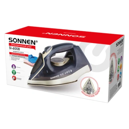 Утюг паровой SONNEN SI-6008, 2200 Вт, керамическое покрытие, антикапля, серебристый/золотой, 456998 - МСК «Форвард»