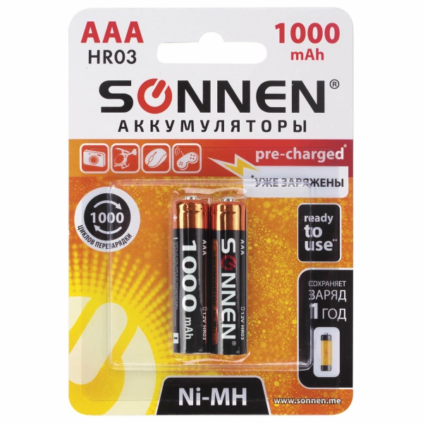 Батарейки аккумуляторные Ni-Mh мизинчиковые КОМПЛЕКТ 2 шт ААA (HR03) 1000 mAh, SONNEN, 454237