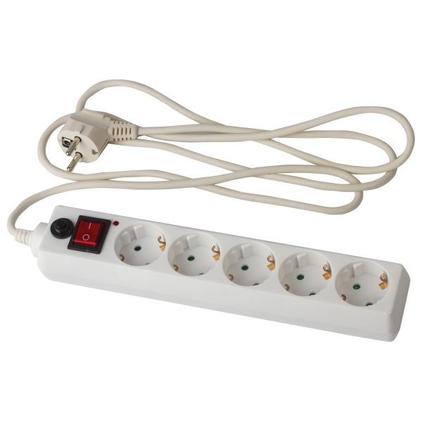 Сетевой фильтр SONNEN U-351, 5 розеток, с заземлением, выключатель, 10А, длина 1,8 м, белый, 511424