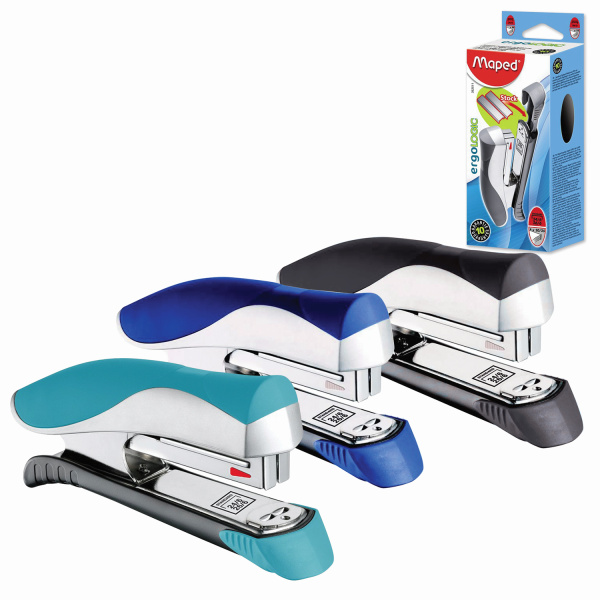 Степлер №24/6, 26/6 MAPED "Ergologic", до 25 листов, с конт. для скоб, серебристо-бирюзовый, 352513 223138