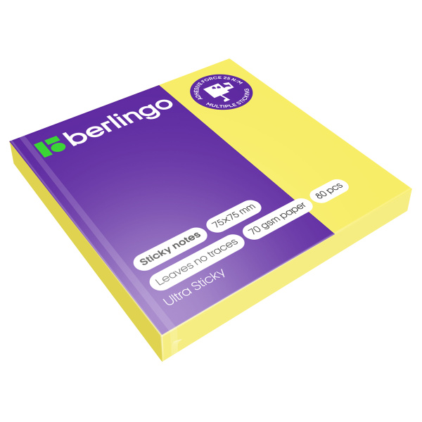 Блок самоклеящийся (стикеры) Berlingo "Ultra Sticky", 75*75мм, 80л., желтый неон LSn_39200 270275 - МСК «Форвард»