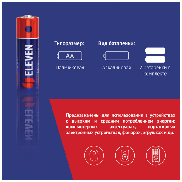 Батарейка Eleven AA (LR6) КОМПЛЕКТ 2шт алкалиновая, BC2 301747 - МСК «Форвард»