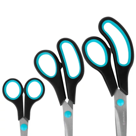 Ножницы BRAUBERG SOFT GRIP, НАБОР 3 штуки (140, 190, 230 мм), эргономичные черно-бирюзовые ручки, ВЫГОДНАЯ УПАКОВКА, 238411 - МСК «Форвард»