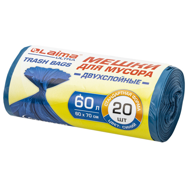 Мешки для мусора LAIMA ULTRA 60л синие в рулоне 20 шт прочные, ПВД 21 мкм, 60х70см, 607687