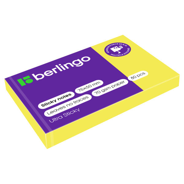 Блок самоклеящийся (стикеры) Berlingo "Ultra Sticky", 50*75мм, 80л., желтый неон LSn_39410 287182