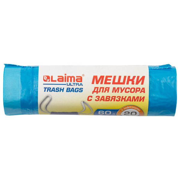 Мешки для мусора с завязками LAIMA ULTRA 60л синие рулон 20 шт прочные, ПНД 17 мкм, 60х70см, 607692