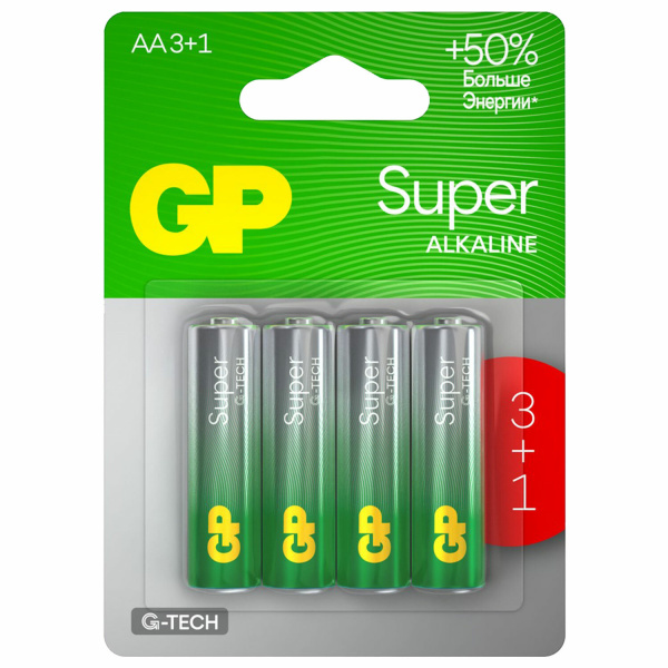 Батарейки КОМПЛЕКТ 4 шт, GP Super, AA (LR6,15А), алкалиновые, пальчиковые, ПРОМО 3+1, 15A3/1-2CR4 455920
