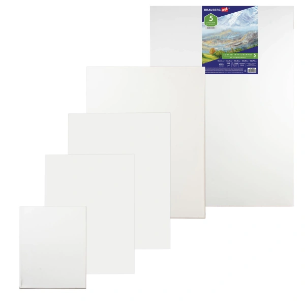 Холсты на подрамнике BRAUBERG ART CLASSIC, НАБОР 5шт, грунтованные, 100%хлопок, среднее зерно,190650
