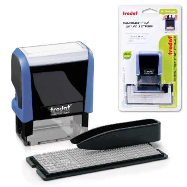 Штамп самонаборный 3-стр, оттиск 38х14мм, синий без рамки, TRODAT 4911P4/DB, КАССА В КОМПЛЕКТЕ 230960