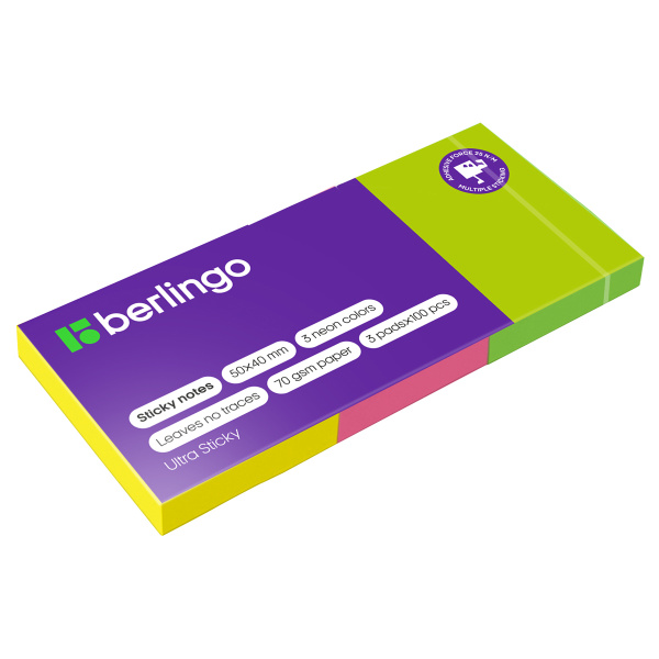 Блок самоклеящийся (стикеры) Berlingo "Ultra Sticky", 50*40мм, 3 блока по 100л., 3 неоновых цвета LSn_39003 287186