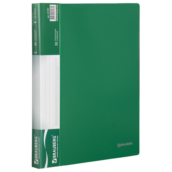 Папка  30 вкладышей BRAUBERG стандарт, зеленая, 0,6мм, 221597