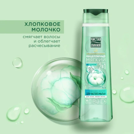 Шампунь-бальзам 2 в 1, 400 мл, ЧИСТАЯ ЛИНИЯ "Хлопковое молочко", мицеллярный 609859 - МСК «Форвард»